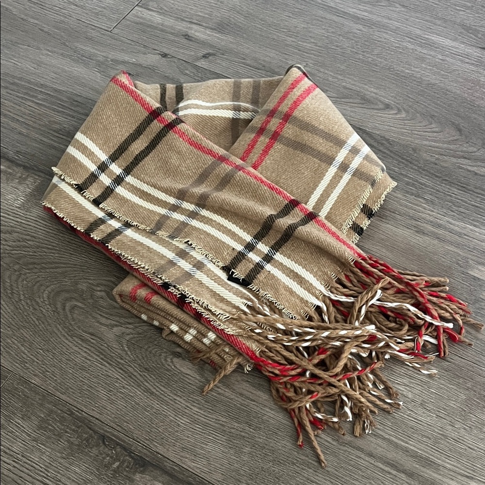 Steve Madden Plaid Scarf in Tan and Red